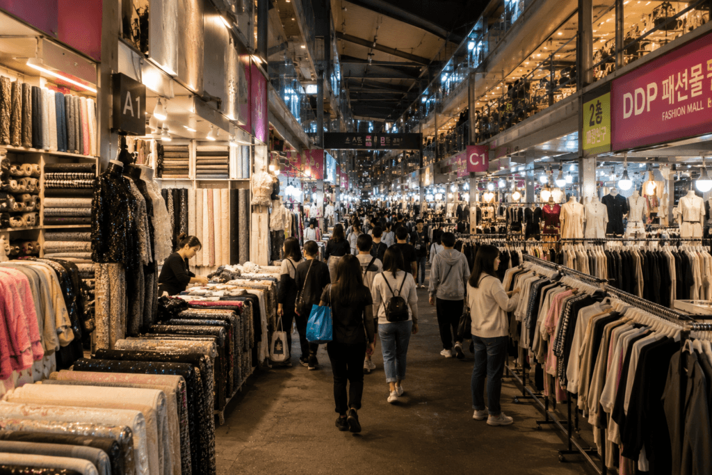 Trendy Seongsu street in Seoul with pop-up store atmosphere, concept shops, cafes and pedestrians