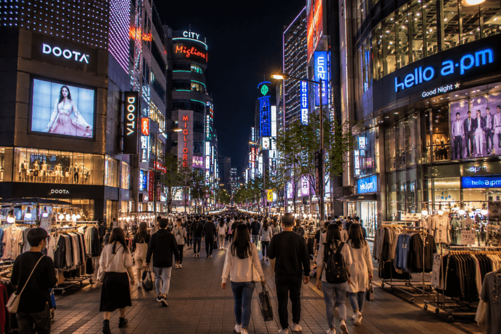 Dongdaemun night shopping street in Seoul with fashion malls, lights, and travelers