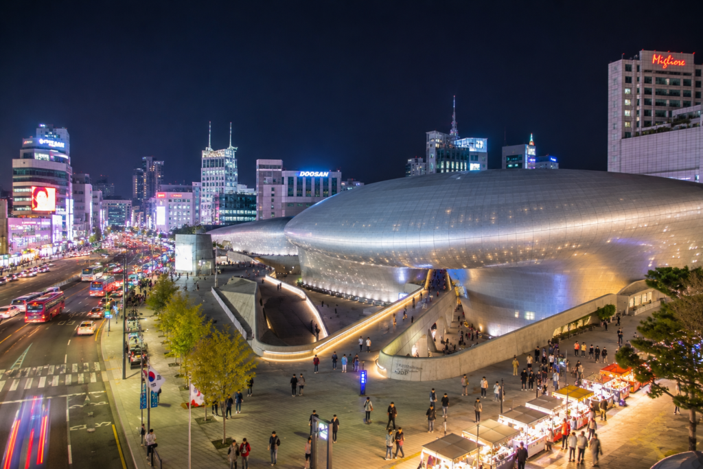 Dongdaemun shopping district in Seoul at night