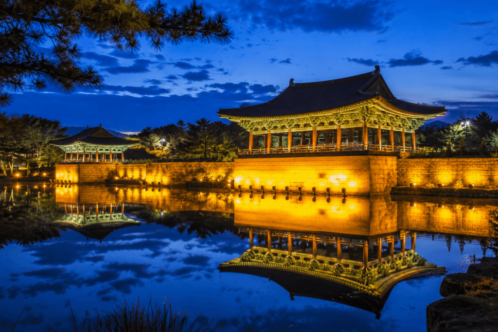 Donggung Palace and Wolji illuminated at night in Gyeongju South Korea