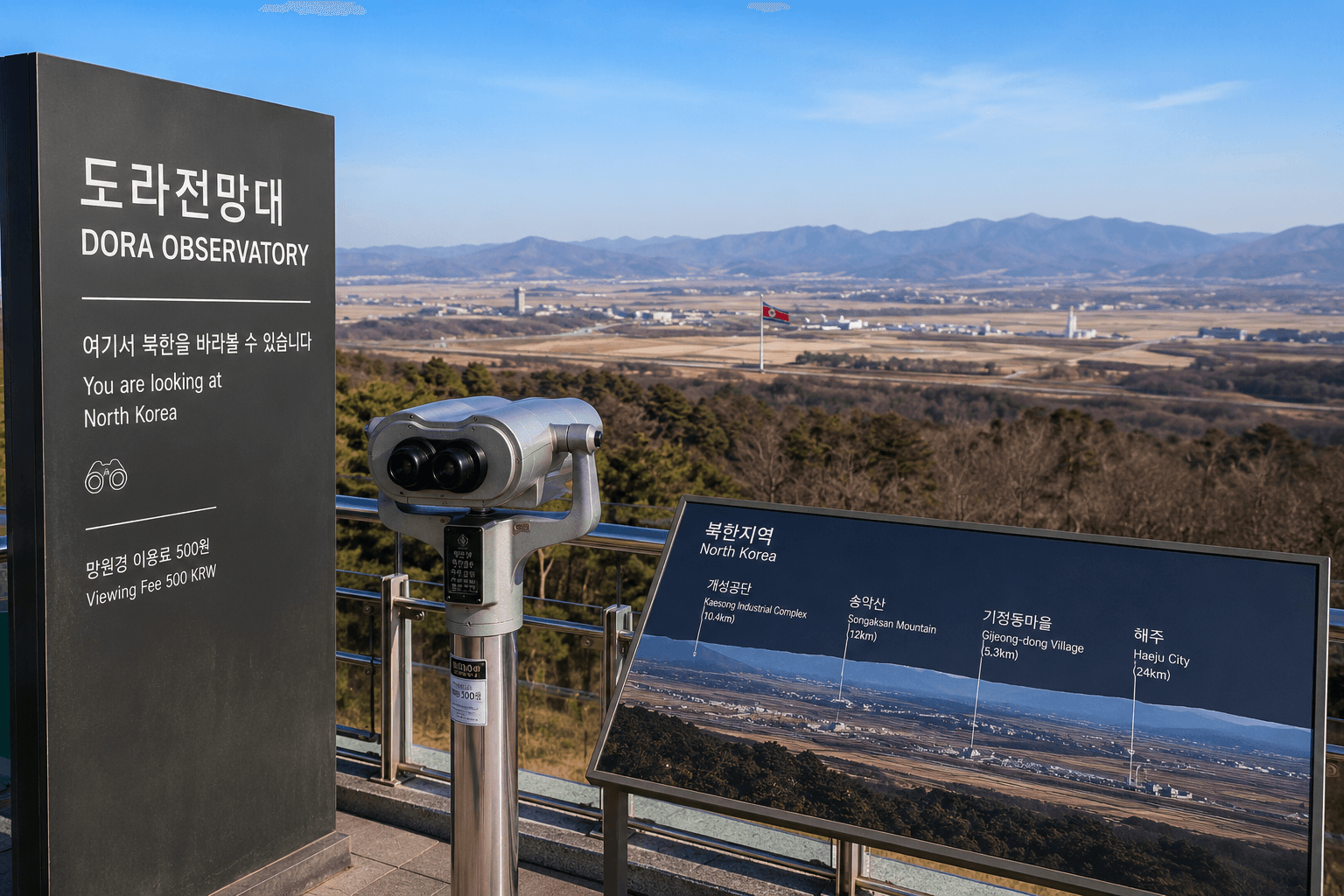 Outdoor viewing terrace with binoculars overlooking a rural landscape