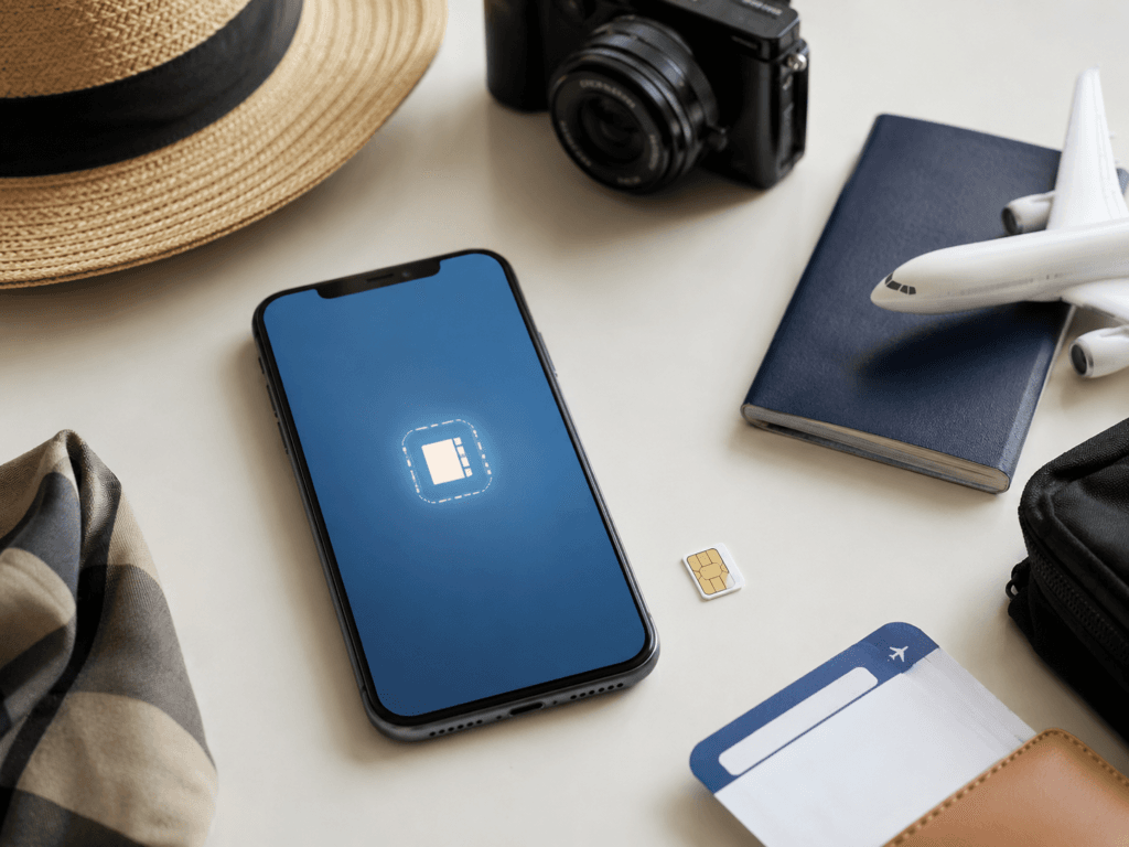 Smartphone with eSIM setup beside a physical SIM card and travel items