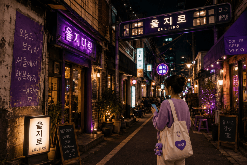 Euljiro Night Street for BTS Seoul Travel Euljiro night street in Seoul with neon signs, retro alleys, cafes and an ARMY traveler checking a phone map
