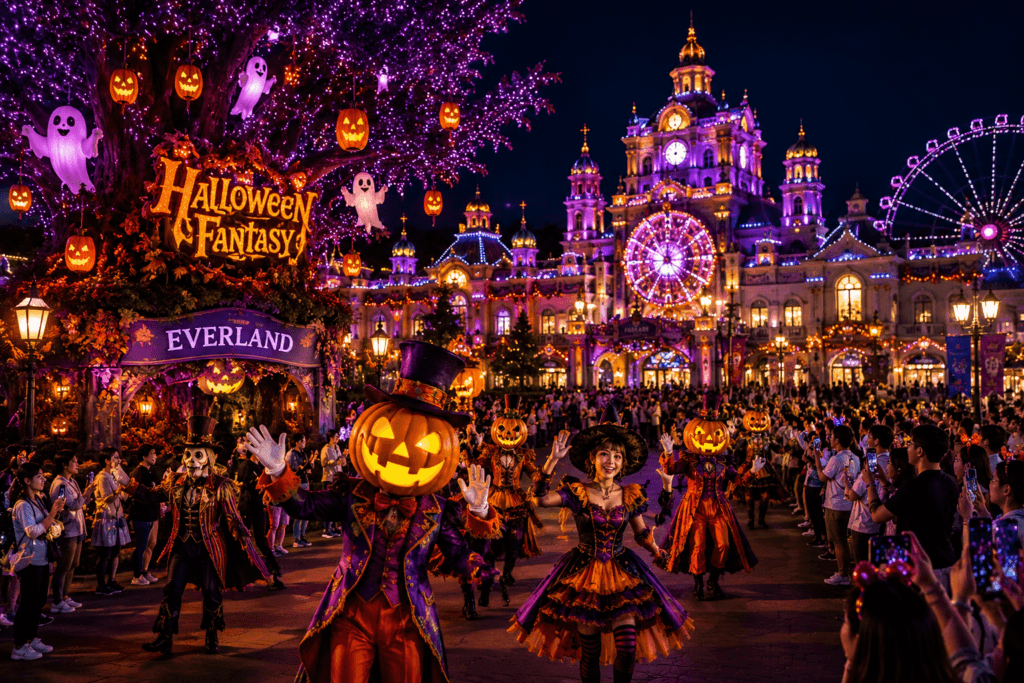 Halloween parade and themed decorations at Everland during autumn