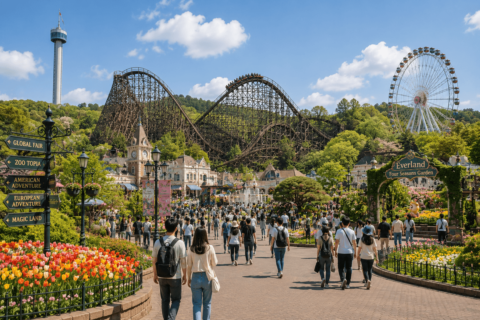 Everland outdoor theme park in Korea with wooden roller coaster, flower gardens, wide walkways and sunny full-day park atmosphere
