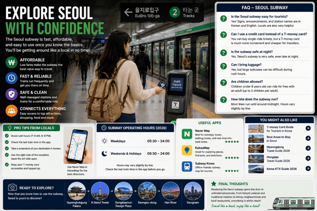 Traveler exploring Seoul attractions after learning how to use the subway system