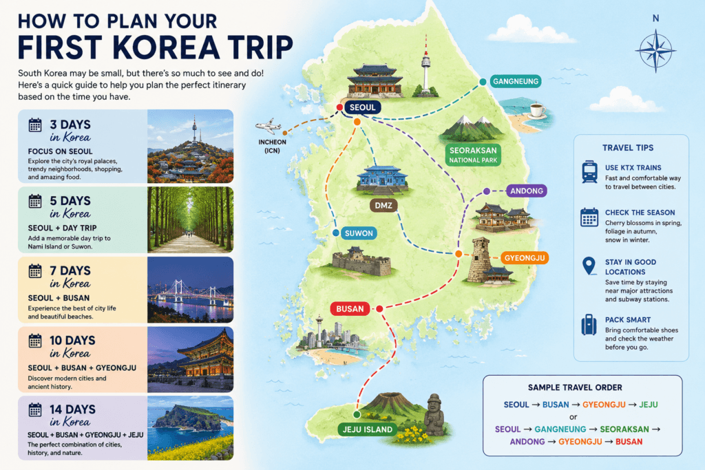 South Korea travel map showing recommended routes for first-time visitors