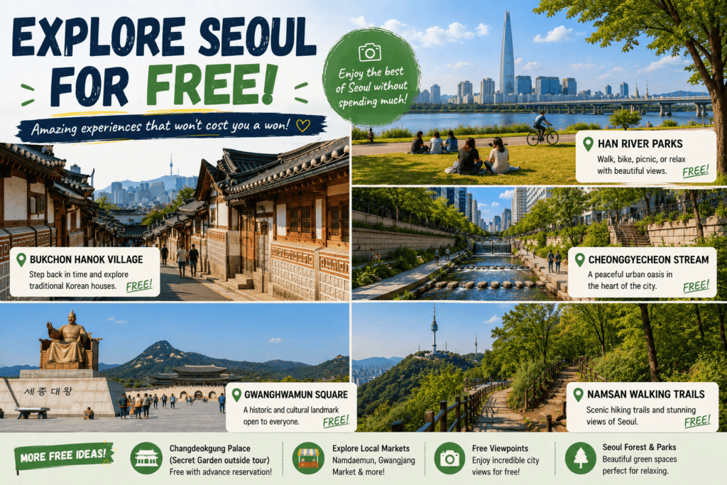 Free attractions in Seoul including Han River Bukchon Hanok Village and Namsan