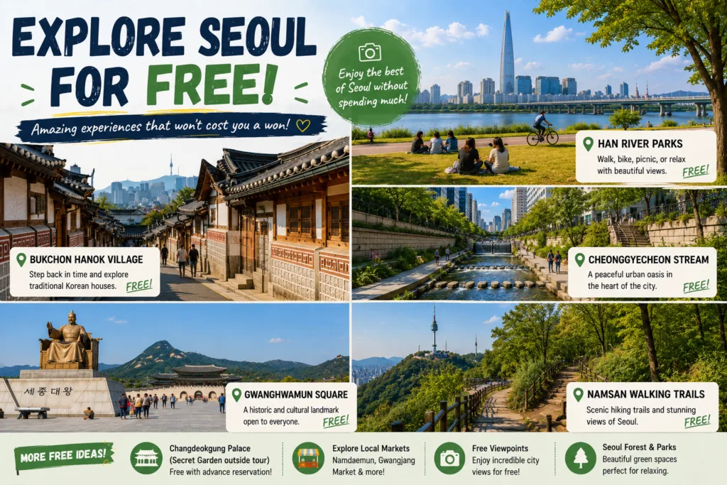 Free attractions in Seoul including Han River Bukchon Hanok Village and Namsan