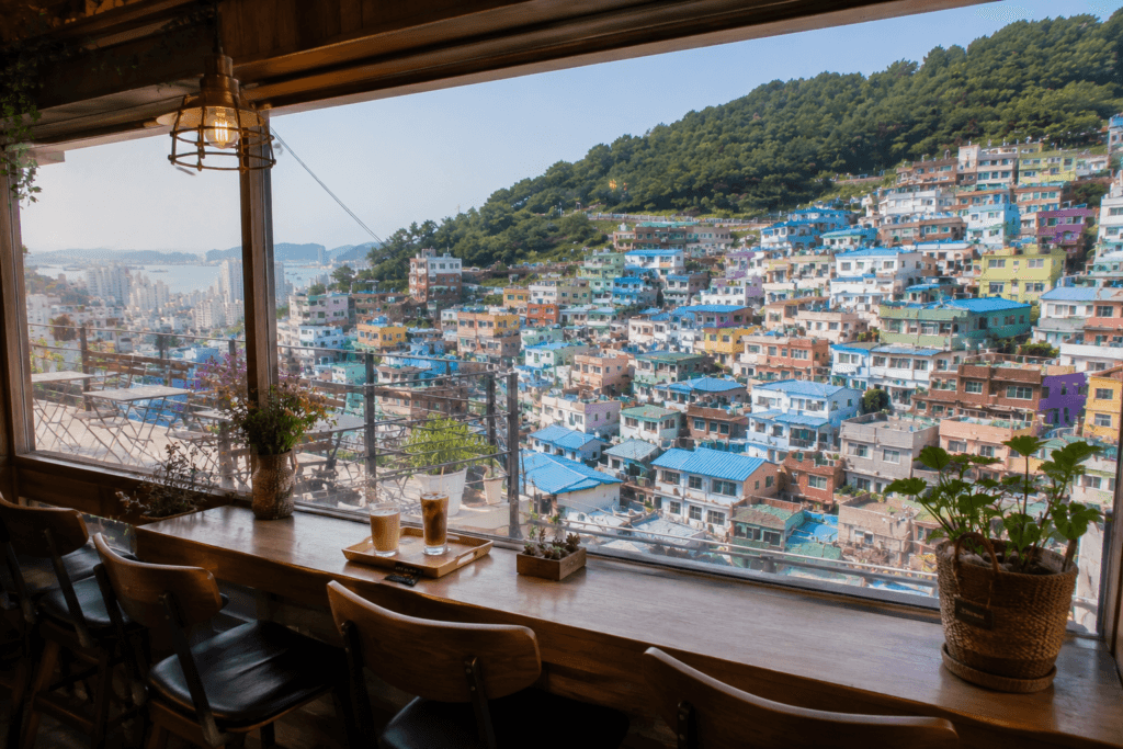 Cafe with panoramic view of colorful houses in Gamcheon Culture Village