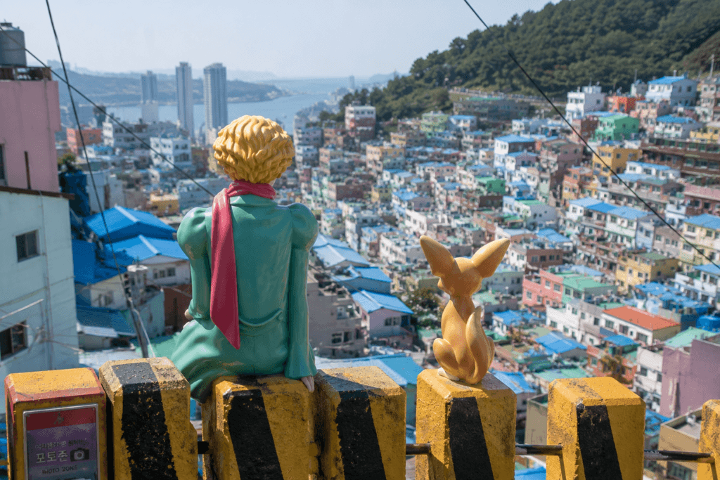 Little Prince statue overlooking colorful houses in Gamcheon Culture Village Busan