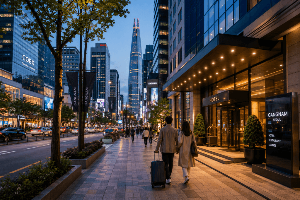 Modern Gangnam street in Seoul with hotels, glass buildings, and evening city lights