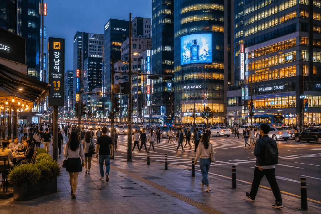 Gangnam Station evening street in Seoul with city lights, crosswalks, restaurants and pedestrians