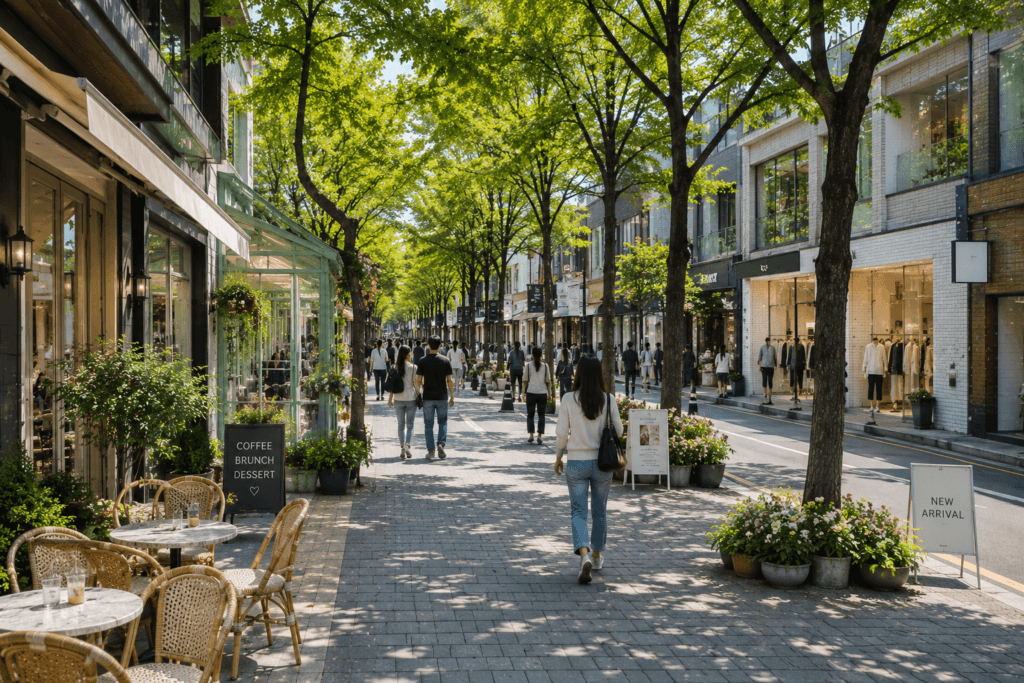 Tree-lined Garosu-gil cafe street in Sinsa Seoul with shops, outdoor seating and pedestrians