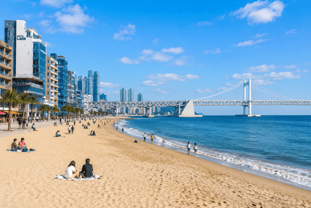 Gwangalli Beach During the Day Daytime view of Gwangalli Beach and Gwangan Bridge in Busan