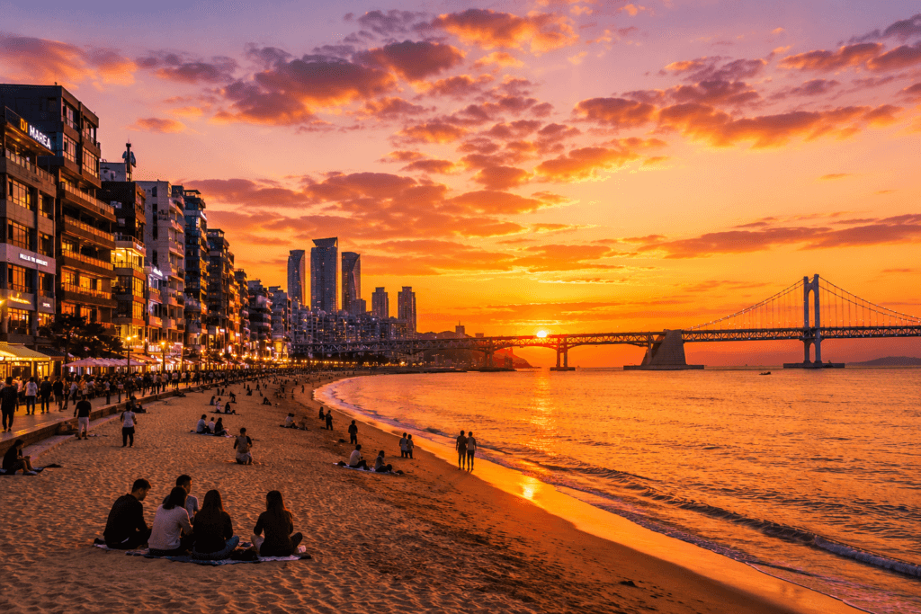 Sunset at Gwangalli Beach Sunset view over Gwangalli Beach and Gwangan Bridge