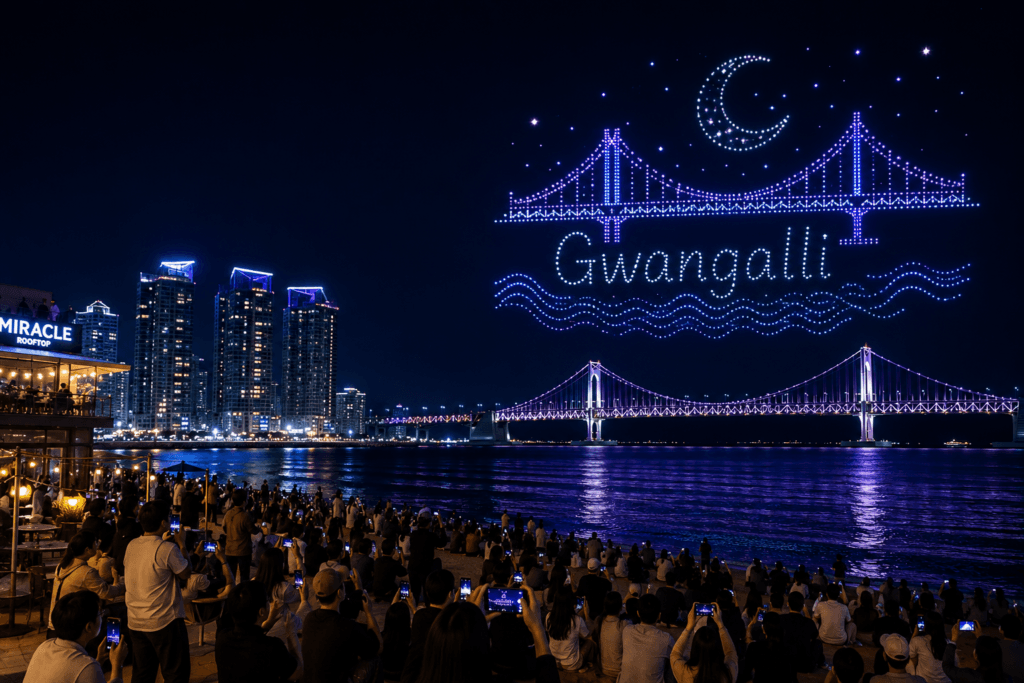 Gwangalli Drone Light Show Gwangalli M Drone Light Show above the beach in Busan