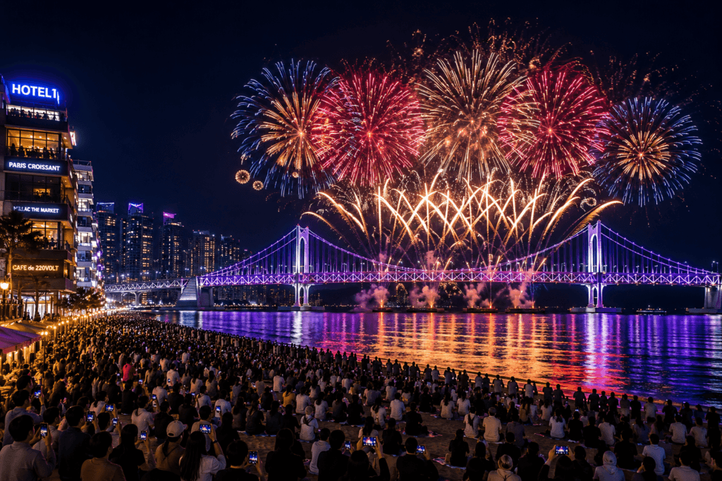 Busan Fireworks Festival Busan Fireworks Festival over Gwangan Bridge at Gwangalli Beach