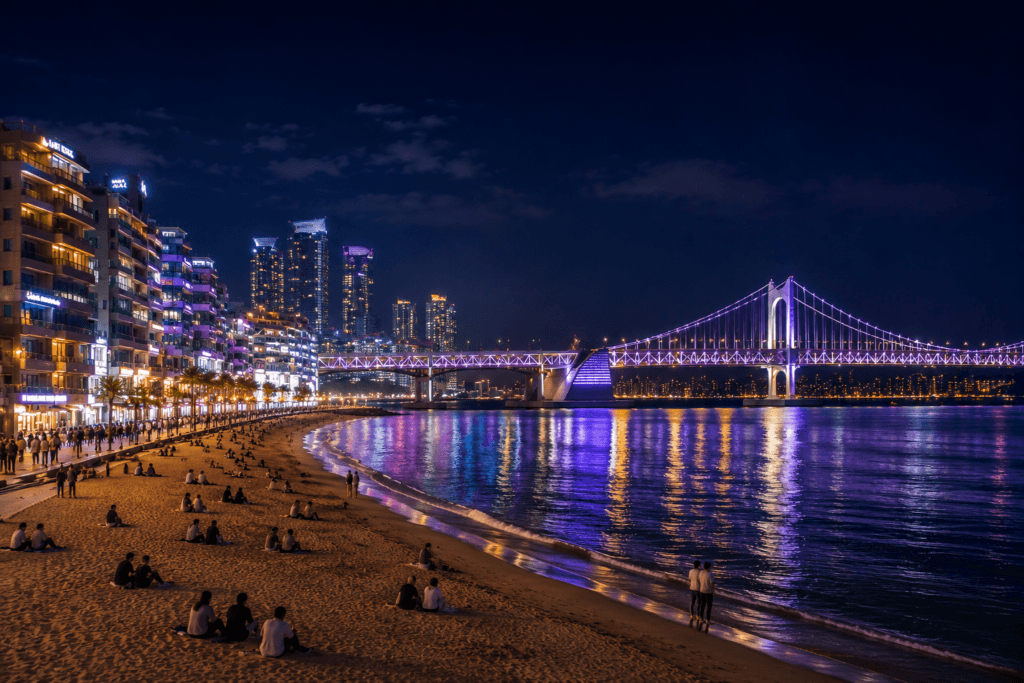 Gwangalli Beach at Night Night view of Gwangan Bridge illuminated above Gwangalli Beach