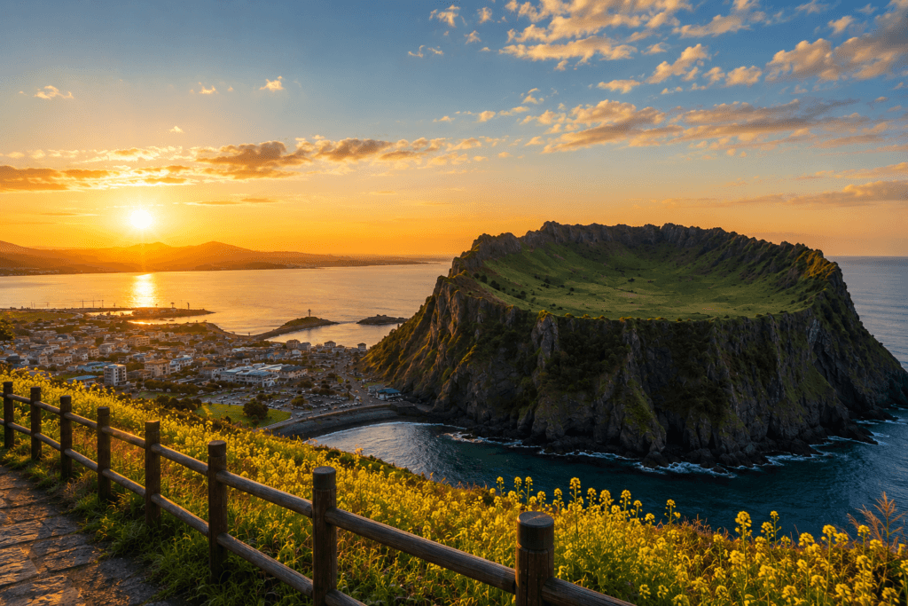 Sunrise view of Seongsan Ilchulbong from Gwangchigi Beach in Jeju