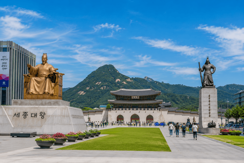 Gwanghwamun Square with King Sejong statue and Gyeongbokgung Palace