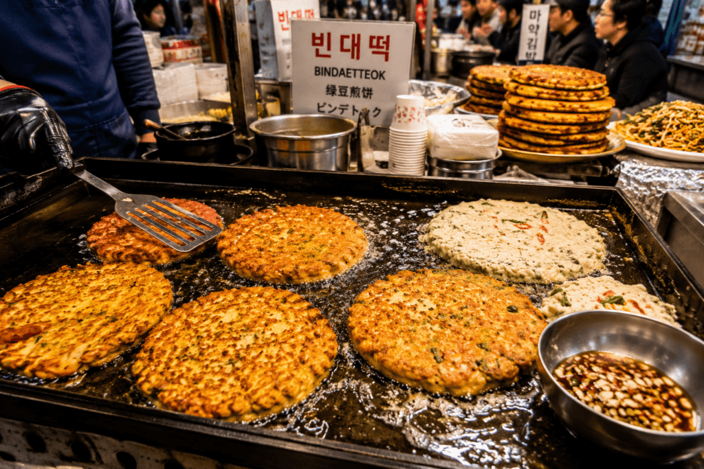 Bindaetteok at Gwangjang Market Freshly cooked bindaetteok at Gwangjang Market Seoul
