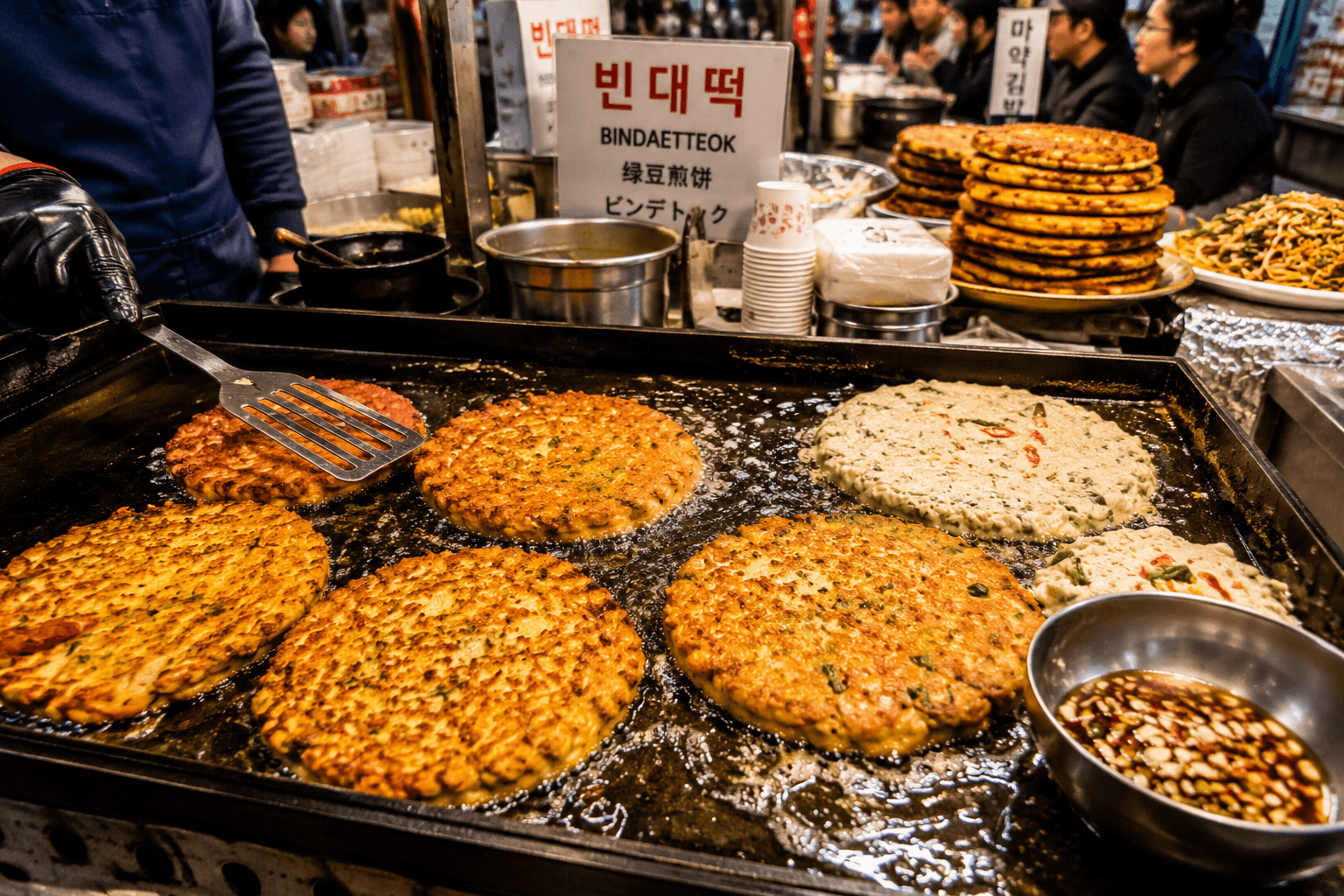 Freshly cooked bindaetteok at Gwangjang Market Seoul