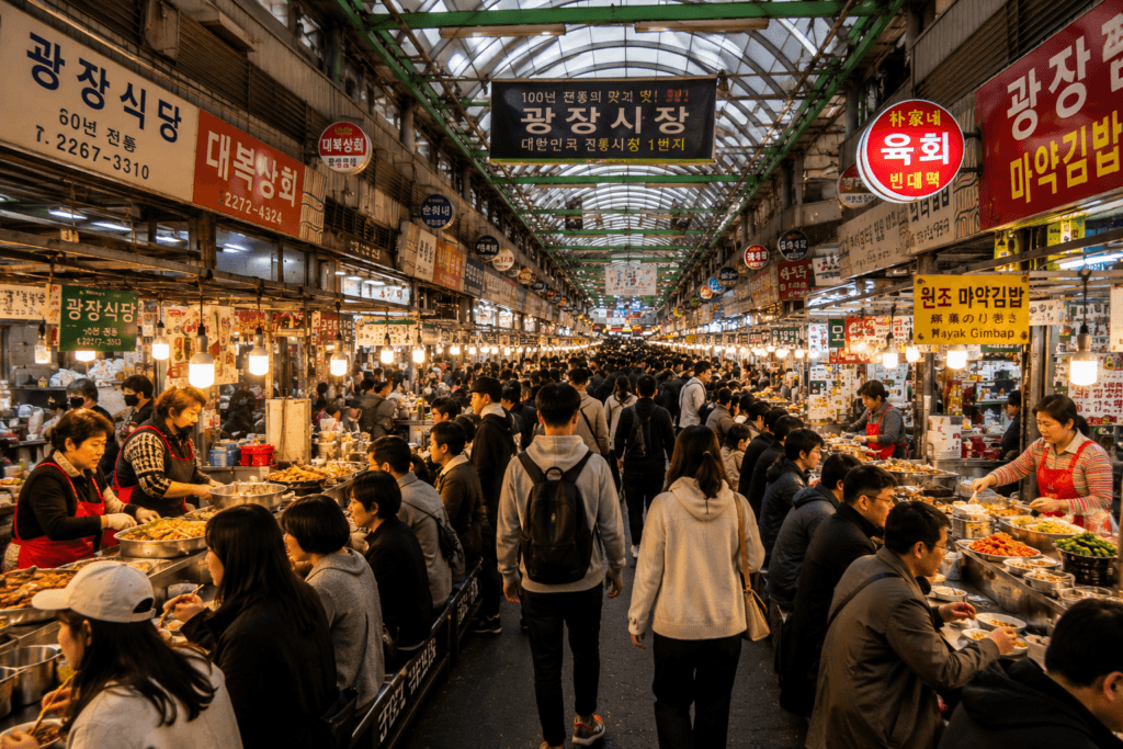 Gwangjang Market Food Alley Busy food alley at Gwangjang Market in Seoul South Korea