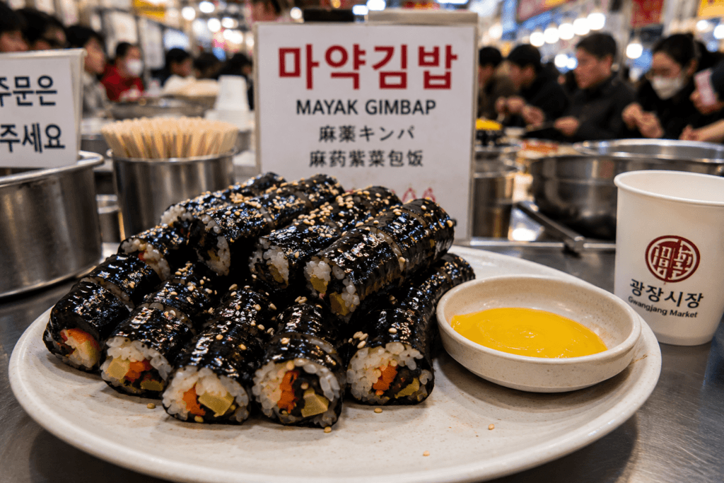 Mayak Gimbap Gwangjang Market Mayak gimbap served with mustard sauce at Gwangjang Market