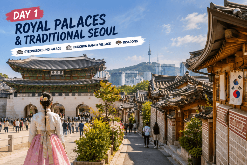 Day 1: Royal Palaces and Traditional Seoul Gyeongbokgung Palace Bukchon Hanok Village and traditional Seoul streets