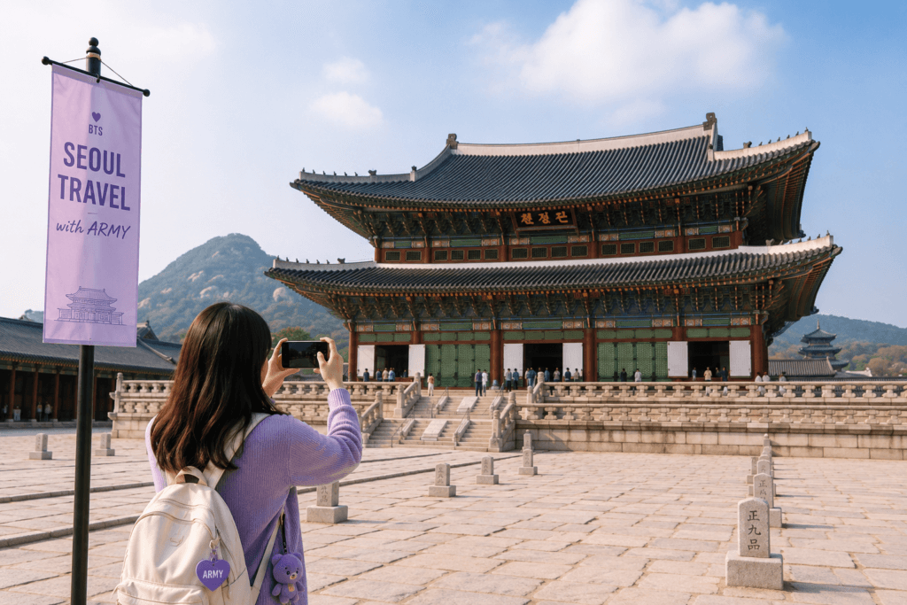 Gyeongbokgung Palace BTS Seoul Route Traveler taking photos at Gyeongbokgung Palace in Seoul with traditional Korean palace architecture and subtle ARMY travel accents