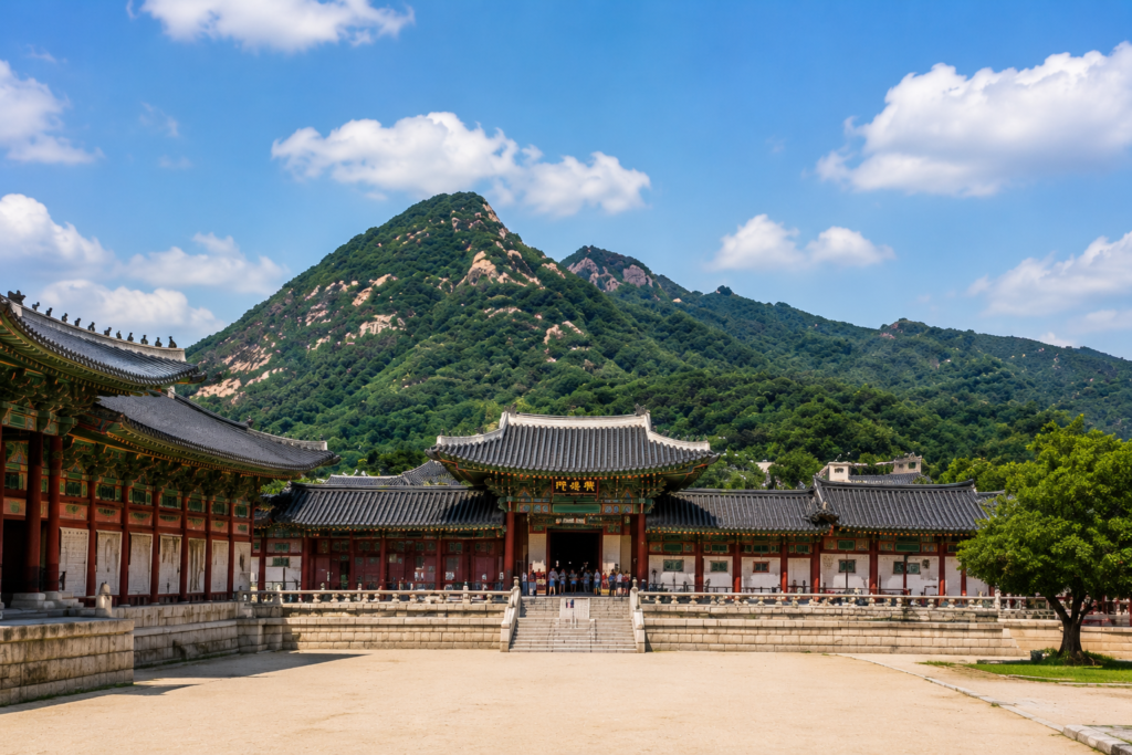 Historic courtyard of Gyeongbokgung Palace with mountain backdrop in Seoul