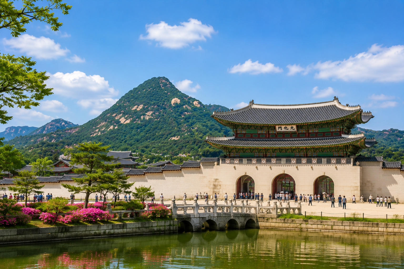 Gyeongbokgung Palace in Seoul with mountain views and traditional Korean architecture