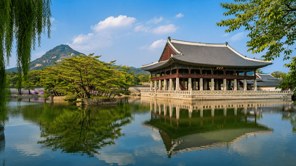 Gyeonghoeru Pavilion reflected in a pond at Gyeongbokgung Palace in Seoul
