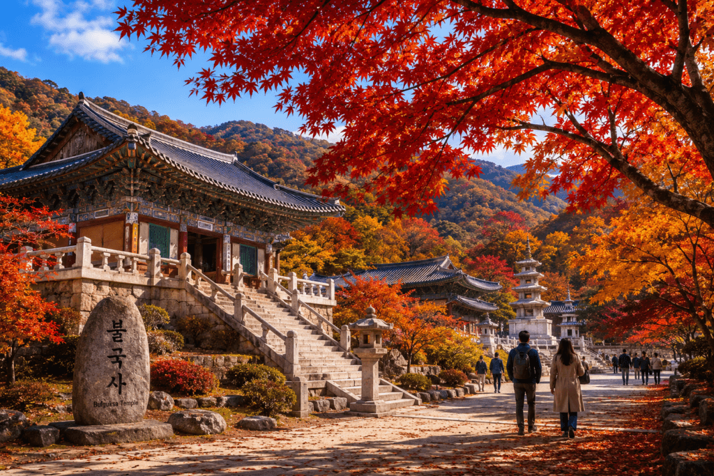 Autumn in Gyeongju Bulguksa Temple surrounded by autumn foliage in Gyeongju