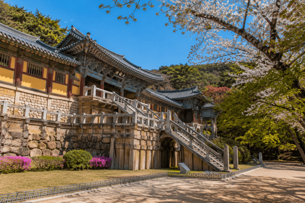 Bulguksa Temple in Gyeongju with traditional Korean architecture, stone stairways, cherry blossoms, and peaceful mountain scenery