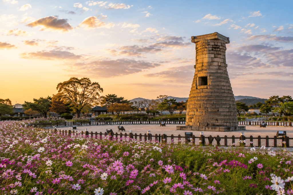 Cheomseongdae Observatory in Gyeongju surrounded by flower fields, trees, and warm sunset light