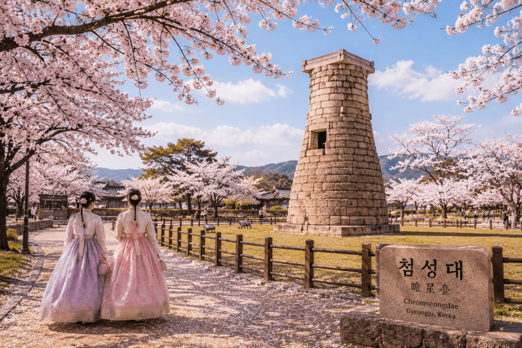 Cherry blossoms surrounding Cheomseongdae Observatory in Gyeongju during spring