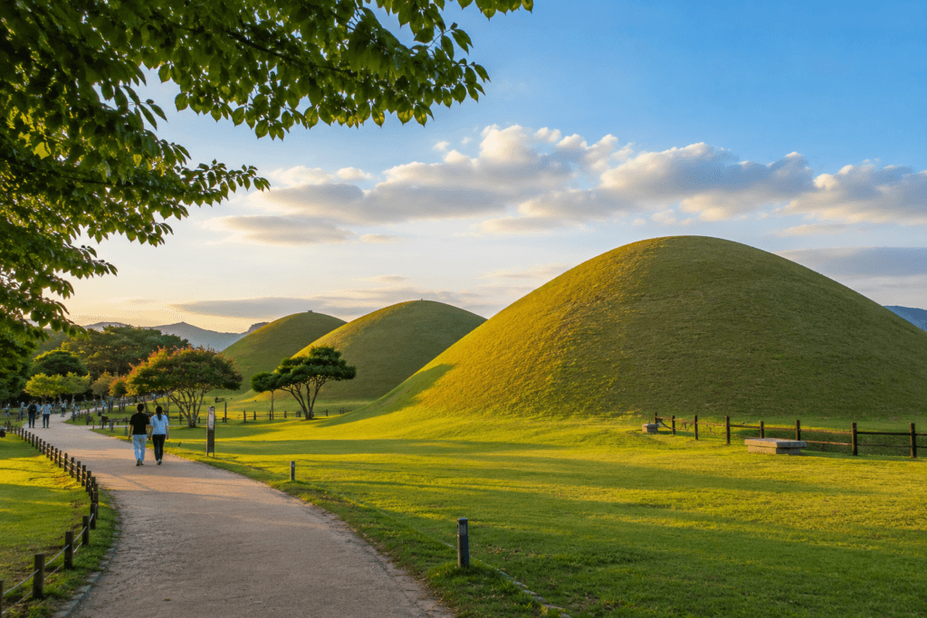 Daereungwon royal tombs in Gyeongju with grassy Silla burial mounds, walking paths, and peaceful historic atmosphere