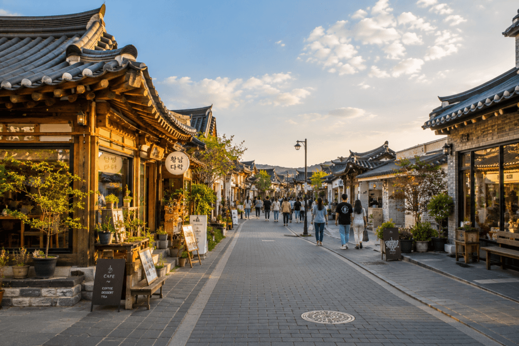 Hwangnidan-gil street in Gyeongju with traditional-style buildings, cafes, small shops, and relaxed pedestrians