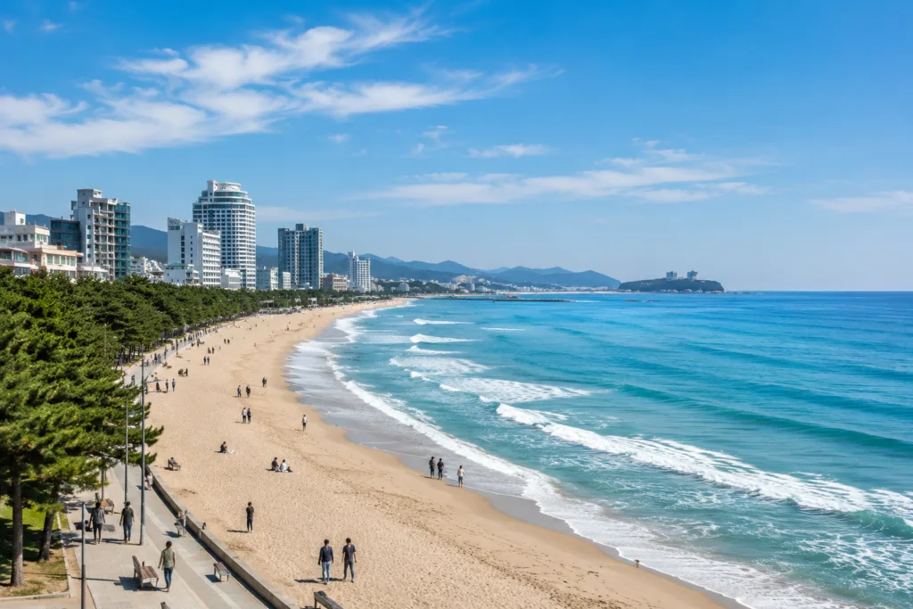 Gyeongpo Beach coastline with sandy beach and pine trees in Gangneung
