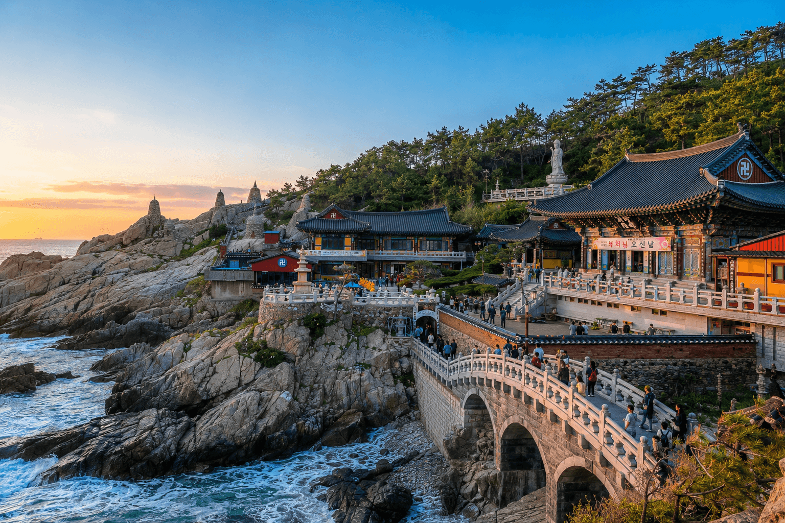 Haedong Yonggungsa Temple on Busan’s rocky coastline with traditional Korean architecture, pine trees, and blue ocean waves