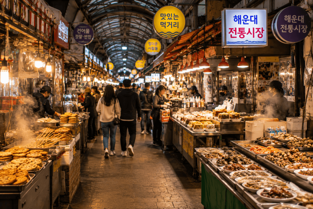 Haeundae Traditional Market food alley in Busan with street food stalls, steam, shoppers, and warm lights