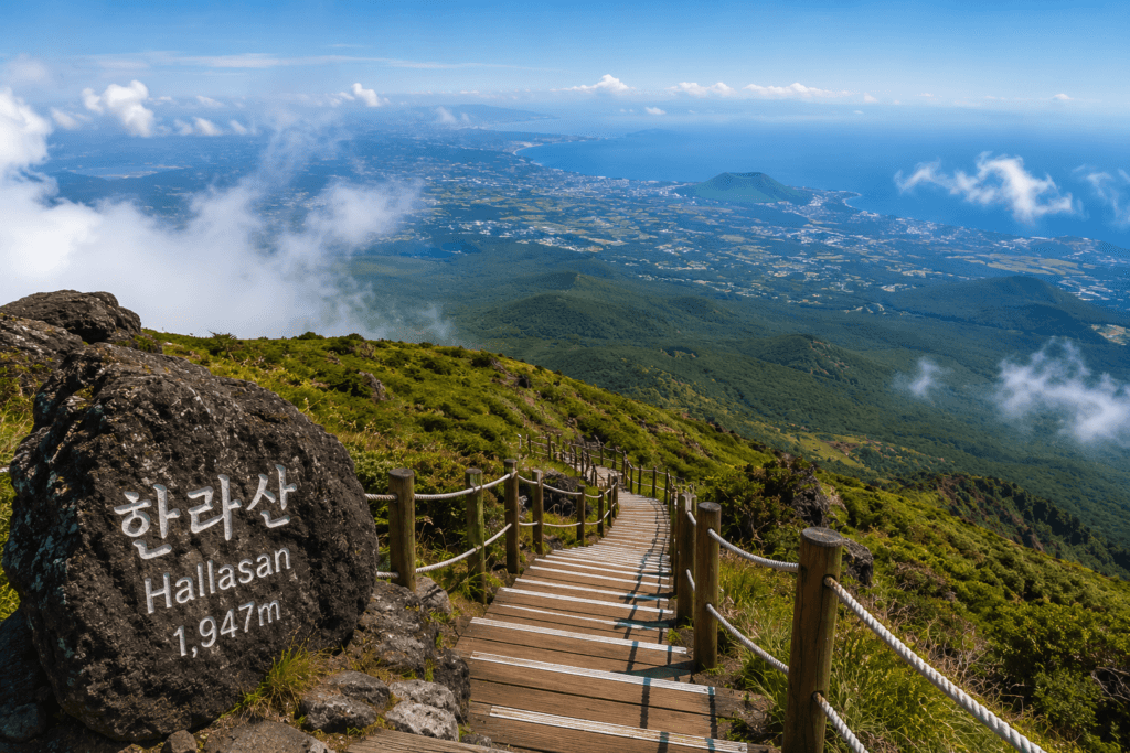 Hallasan National Park Hallasan hiking trail with panoramic views across Jeju Island