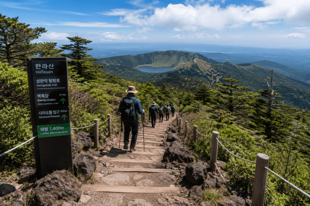Seongpanak Trail Hallasan Hikers walking along the Seongpanak Trail on Hallasan National Park