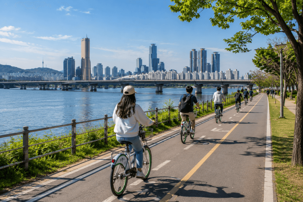 Cyclists riding along the Han River bike path with Seoul skyline and river views