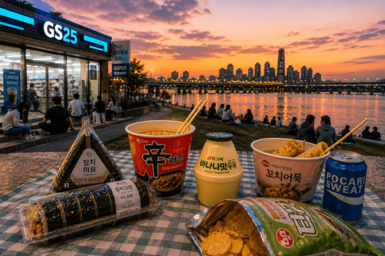 Korean Convenience Store Food Guide 2026 featuring kimbap ramen banana milk and popular Korean convenience store snacks