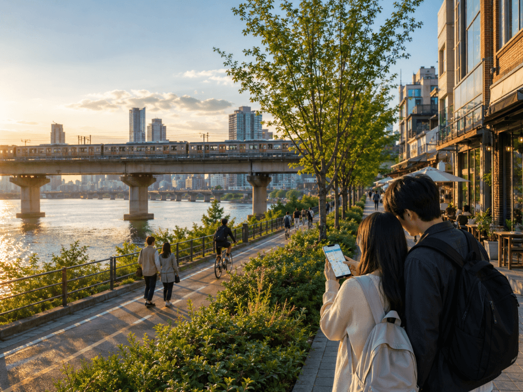Han River and Seongsu Cafe Route Han River and Seongsu cafe route in Seoul with subway train, riverside path, bridge and travelers using a phone map