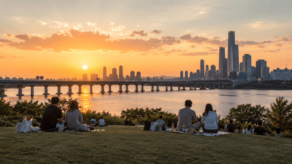 Free Han River Sunset in Seoul Travelers enjoying a budget picnic beside the Han River at sunset with bridge and Seoul skyline views