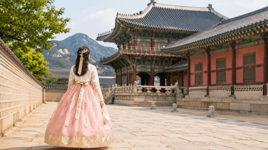 Traveler wearing a pastel hanbok walking through Gyeongbokgung Palace in Seoul